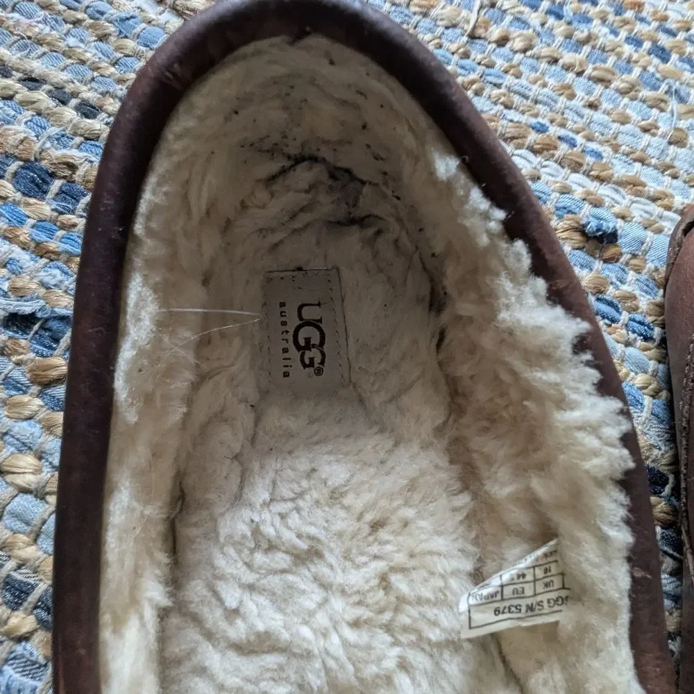 UGG Brown Leather Shearling Lined Loafers 11 Slippers Moccasin Sheepskin Warm Co